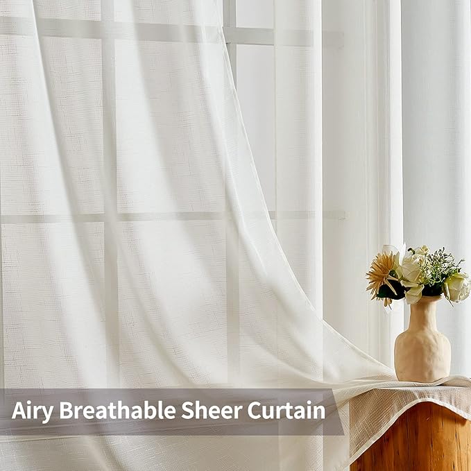MIULEE 2 Panels Natural Linen Look Textured Sheer Curtains Elegant Solid Ivory Drapes Grommet Top Window Voile Panels for Bedroom Living Room (52X84 Inch)