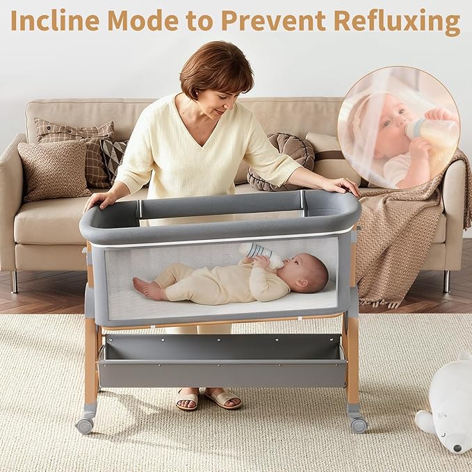 3 in 1 Baby Bassinet, 6 Height Adjustable Bedside Bassinet for Baby, Bassinet Bedside Sleeper with Comfy Mattress and Lockable Wheels, Rocking Crib for Newborn, Wood and Grey