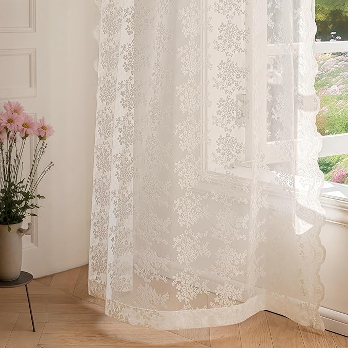 Anmao Vintage Lace Curtains 96 Inches Long 2 Panels Set, Romantic Elegant Light Filtering Semi Sheer Floral Thick Lacy Curtain Drapes for Living Room and Bedroom, Each Panel 55W x 96L, Beige Plum