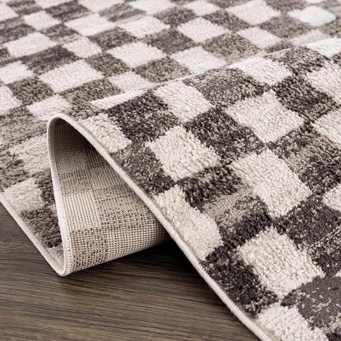 Hauteloom Benjy Living Room, Checkered Bedroom Area Rug - Farmhouse - Cream, Charcoal - 6'7" x 9'