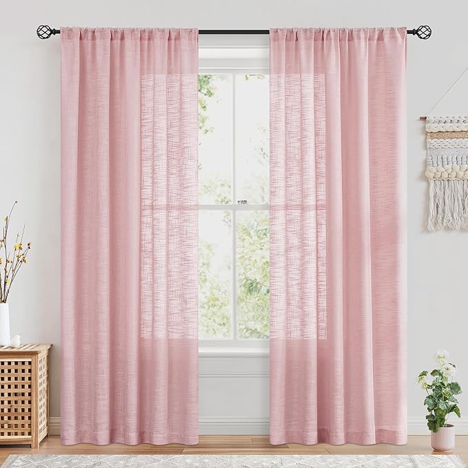 FMFUNCTEX Linen Semi Sheer Pink Curtains for Bedroom Living Room, Blush Pink Curtain Panels 63 Inch Length Sheer Linen Textured Window Drapes Farmhouse Light Filtering 2 Panels Rod Pocket