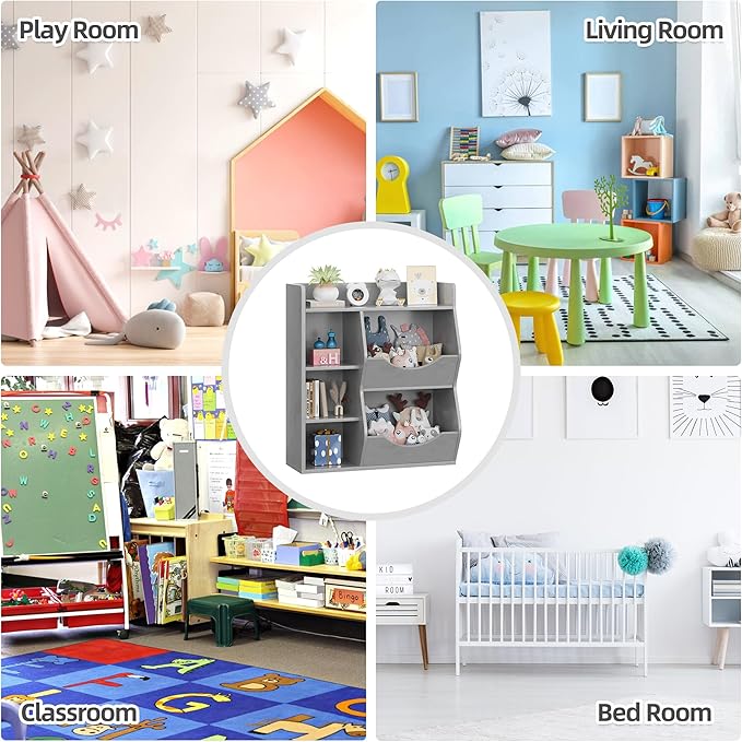 Kids Bookshelf, 32" 3-Tier Toy Storage Cabinet, Wooden Cube Storage Organizer with 5 Cubes and Spacious Top Shelf for Children's Room, Playroom, Hallway, Kindergarten, Bedroom, Playroom