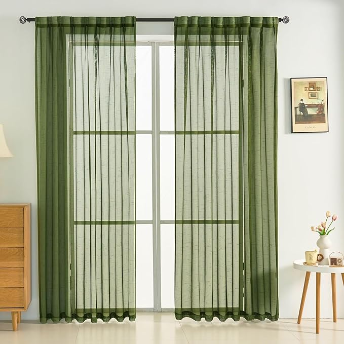 Dark Green Linen Look Pinch Pleated Sheer Curtains 102 Inches Long 2 Panels, 50 Inches Width, Rustic Textured Light Filtering Drapes, Olive Floor to Ceiling Window Curtain with Hooks