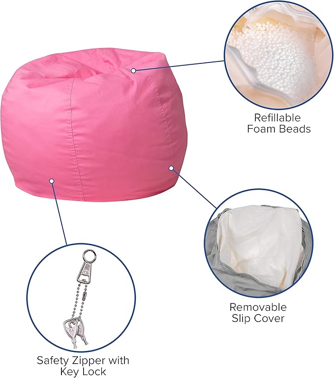 EMMA + OLIVER Small Solid Light Pink Bean Bag Chair for Kids and Teens