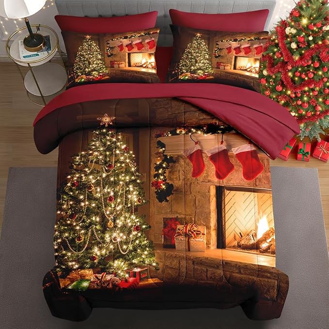 7 Pcs Full Size Christmas Comforter Set with 2 Pillowcases & 2 Shams, Vintage Fireplace Tree Bedding for Kids and Adults, Winter Holiday Red Socks Bed in a Bag with Flat Fitted Sheet