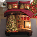 7 Pcs Queen Size Christmas Comforter Set with 2 Pillowcases & 2 Shams, Vintage Fireplace Tree Bedding for Kids and Adults, Winter Holiday Red Socks Bed in a Bag with Flat Fitted Sheet