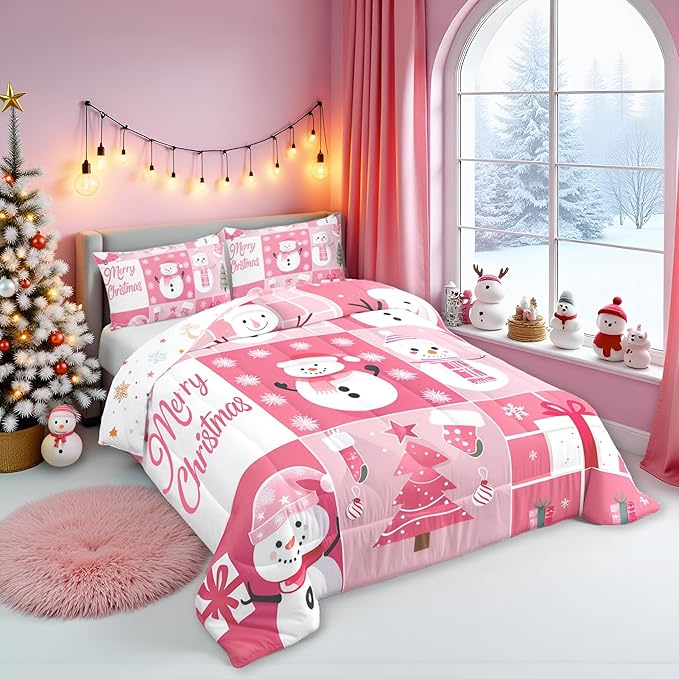 Xmas Comforter Set Twin Size,Snowman Christmas Tree Snowflake Bedding Set for Kids Boys Girls Room Decor,Pink Plaid Patchwork Quilt Set 2Pcs,Merry Christmas Cartoon Duvet Insert,1 Pillowcase