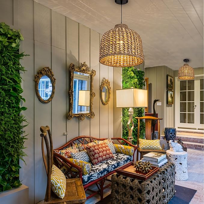 13.8in Rattan Lighting Wvoen Wicker Dome Pendant Lighting Rustic Chandelier for Kitchen Island, Coastal Ceiling Rattan Pendant Lights Ceiling for Living Room Dining Room Foyer Restaurant