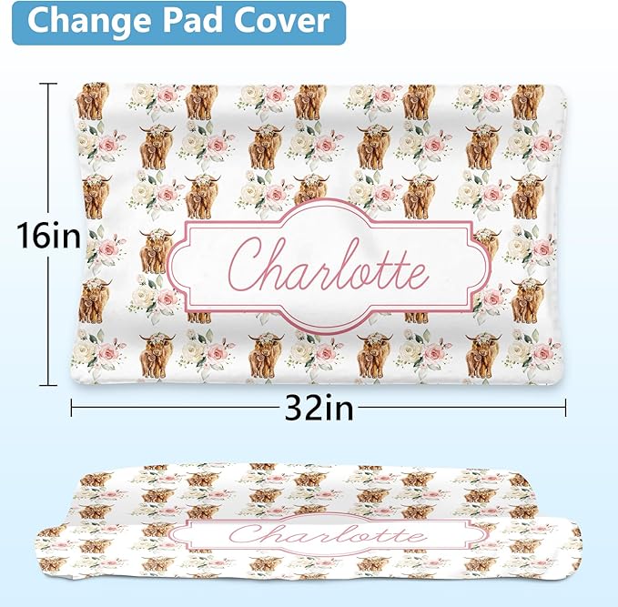 Personalized Baby Bedding Set: 5 Piece Custom Gift Rose Highland Cow Crib Bed Set with Name, Nursery Bedding Set for Baby Girls and Boys, Floral Crib Bedding Gifts (Fixed Size)