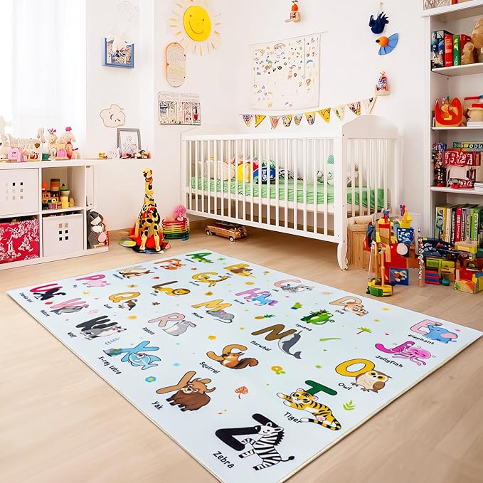 Kids Rugs for Playroom, 5x7 Feet Educational Rug for Learn The ABC Alphabet, Soft Machine Washable Non-Slip Cute Cartoon Animals Carpet for Classroom Toddler Nursery Kids Room Decor, Blue