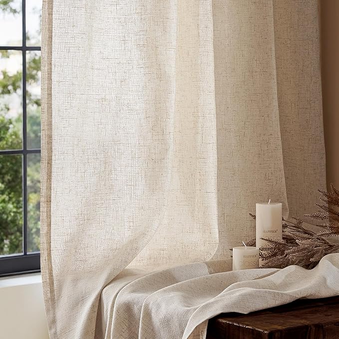 jinchan Beige Linen Blend Curtain 84 Inches Length 1 Panel for Bedroom Living Room, Light Filtering 84 Inches Wide Natural Farmhouse Drape with Rod Pocket Back Tab (84W x 84L, Ecru)