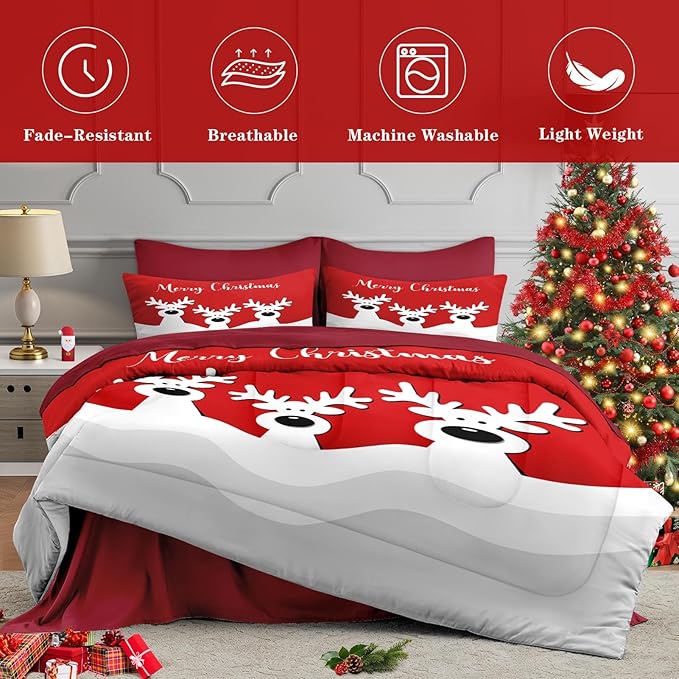 7 Pcs King Size Christmas Comforter Set with 2 Pillowcases & 2 Shams, Cute Cartoon Reindeer Bedding for Kids and Adults, Winter Merry Xmas Bed in a Bag with Flat Fitted Sheet