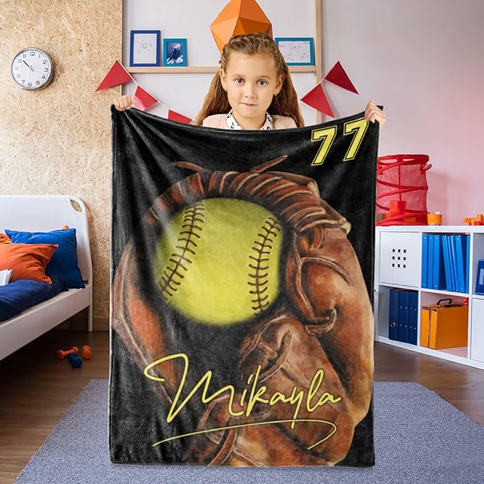 Personalized Baby Softball Blanket: Custom Bedding for Kids Soft Ball Throw Blankets - Perfect Newborn Gift Infant Swaddling Blanket with Name 50x60inch