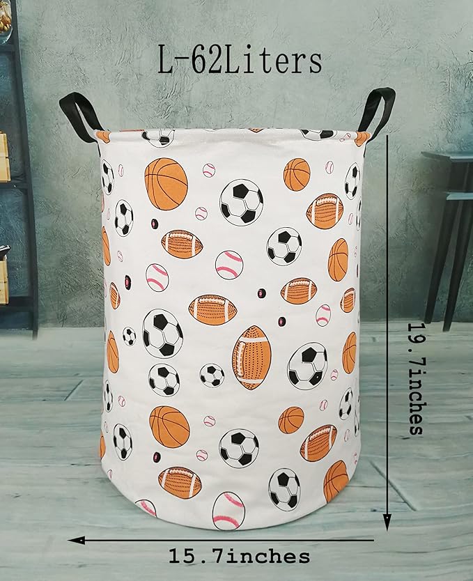 KUNRO Round Basketball Football Laundry Gift Basket Storage Hamper, Kids Toys and Clothes Storage Organizer Bins, Toy Shelf Basket with Handles for Room Decor (Balls)