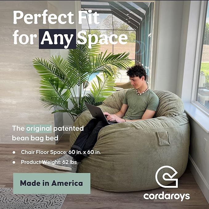 CordaRoy's NEST Gaming Bean Bag Chair-Convertible Bean Bag Chair -Washable Chenille Cover with Pockets for Remote, Controllers-for Living Room,Basement-King Size-Moss|Made in The USA