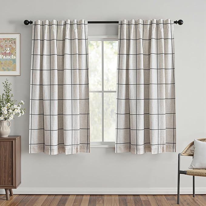 MYSKY HOME 100% Blackout Plaid Linen Curtains 63 Inches Long Double Layer Farmhouse Thermal Insulated Checkered Print Drapes with Rod Pocket Back Tab for Bedroom Living Room, 2 Panels, 52"Wide, Black