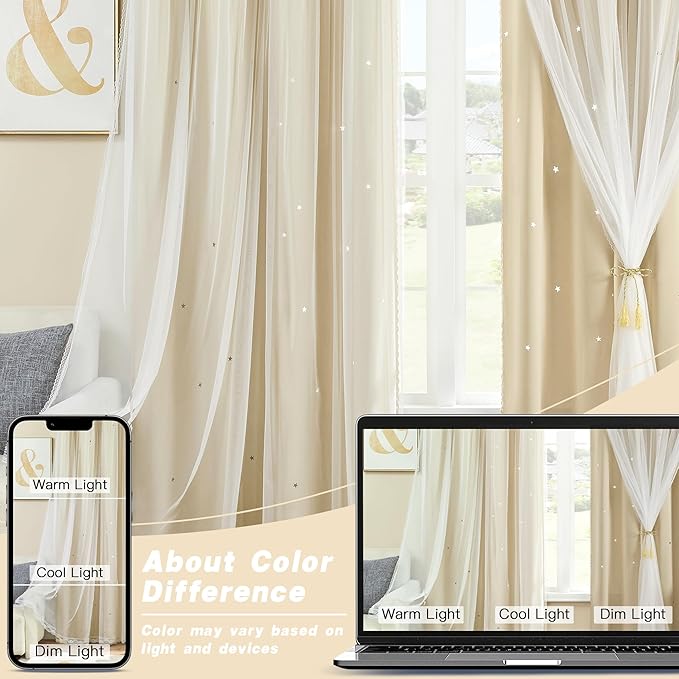 XiDi Biege Blackout Curtains 96 Inches Long for Bedroom Living Room 2 Panels Double Layer Curtains with Sheer Overlay Star Cut Out Wall Home Kid Girl Decor Thermal Grommet Window Drapes W34 X L96