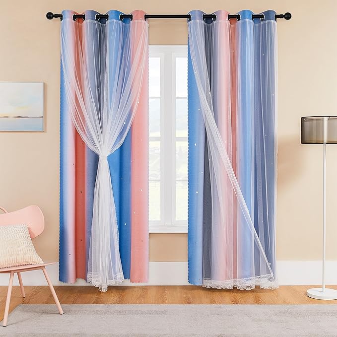 XiDi Pink Grey Blue Curtains for Girls Bedroom Decor Kids Blackout Curtains for Nursery Room Darkening Rainbow Princess Unicorn Wall Decals Little Girl 52x45 Inches Long 2 Panels Set