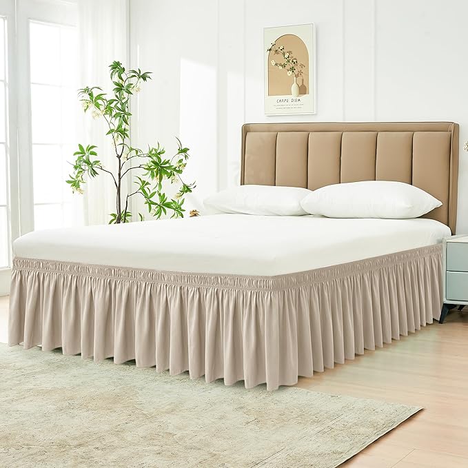 Biscaynebay Wrap Around Bed Skirts for Queen Beds with Short Drop of 12", Light Camel Adjustable Elastic Dust Ruffles Easy Fit Wrinkle Resistant Silky Luxurious Fabric Machine Washable