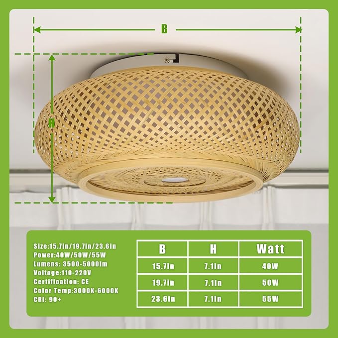 23.6 in Bamboo Woven Rattan-Style Ceiling Light, Boho Ceiling Light Fixture with Remote, LED Dimmable Ceiling Light, Boho Light Fixture for Bedroom Living Room Dining Room Light