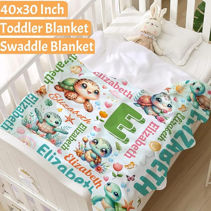 Personalized Custom Cute Turtle Preschool Blanket Gifts for Baby Toddler Kids Boys Girls - Customized Cute Turtle Super Soft Lightweight Flannel Sheets Decor for Crib Nap Couch - 30"x40" for Baby/Pets
