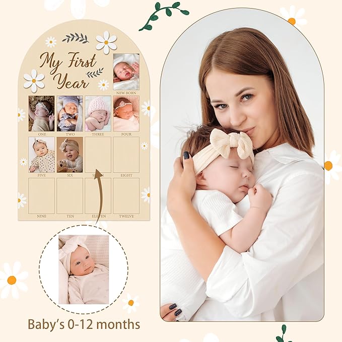 R HORSE Large My First Year Photo Frame Board, 23 x 15 Inches 3D Daisy Birthday Decorations Display Wood Board, Baby First Year Picture Frame 12 Months Milestone 1st Birthday Nursery Decor Gift