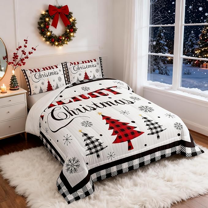 Merry Christmas New Year Kids Comforter Set Full Size,Snowflake Pine Trees Bedding,Girls Boys Adults Bedroom/Xmas Cabin Decor,Grids Geometric Fashion Down Comforter,Rustic Duvet Insert,2 Pillowcases