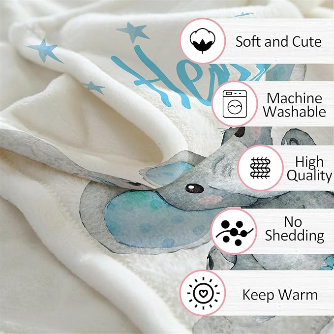 Ship Next Day, Personalized Baby Blanket for Boys Girls, Custom Elephant Blanket with Name, Newborn Receiving Blankets for Swaddle Toddler, Baby Shower Birthday Kids Blankets Unisex