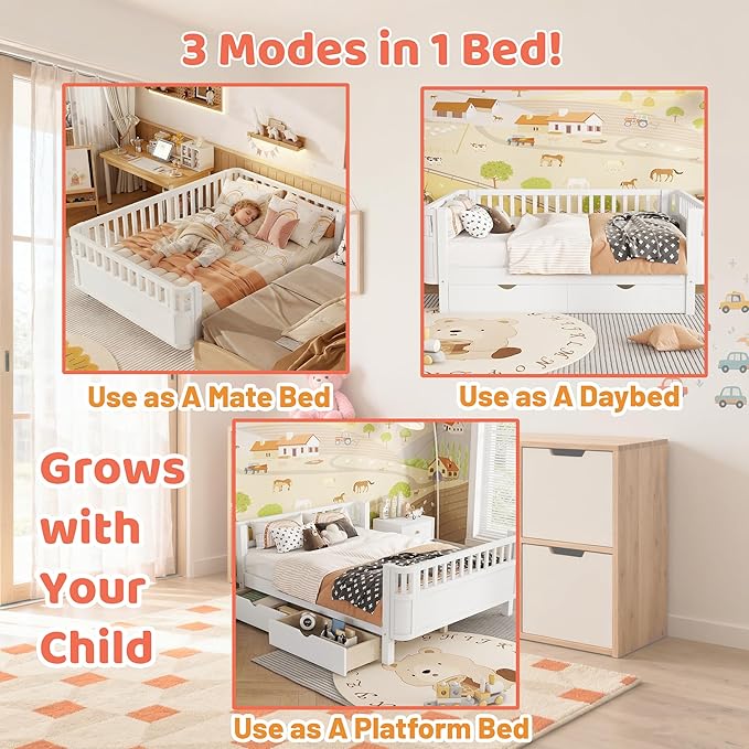 Full Kids Bed with Storage Drawers & Rails, Wood Low Montessori Beds with Detachable Side Rails & Slats, Modern Daybed for Boys Girls Bedroom, Kids Full Platform Bed, White