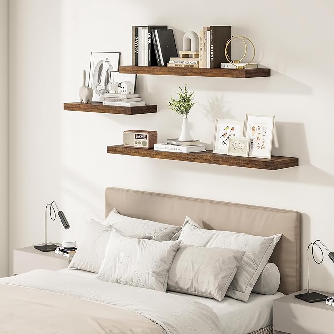 Vivelove 12" Deep Floating Shelves 24/36/48/55" Long, Wall Shelves for Living Room Bedroom Bathroom Kitchen Laundry Room, Farmhouse Rustic Shelves for Home Decor, 48" X 12" X 2" Set Of 2, Rustic Brown
