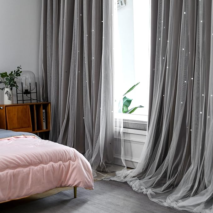Kinryb Kids Blackout Curtains for Bedroom/Living Room/Classroom, Sheer Overlay 2 Free Tiebacks, Double Layer Curtains with Star Cutout for Kids Room(Each Piece W 70 x L 63 Inches 2 Pcs Coffe)