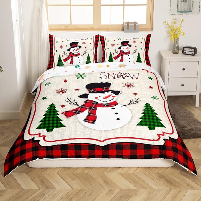 Manfei Cute Snowman Duvet Cover Set Twin Size, Xmas Trees Snowflake Comforter Cover with 1 Pillowcase, Christmas Theme Red Plaid Bedding Set 2pcs for Kids Girls New Year Bedspread Cover,No Comforter