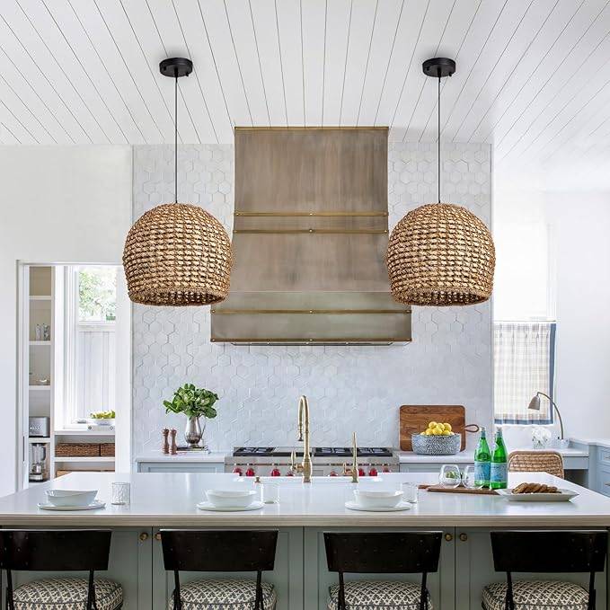 13.8inch Rattan Pendant Lighting, Brown Hand-Woven Dome Pendant Light Adjustable Boho Hanging Lamp Wicker Chandelier for Dining Room Kitchen Island Foyer Restaurant Bedroom Hallway