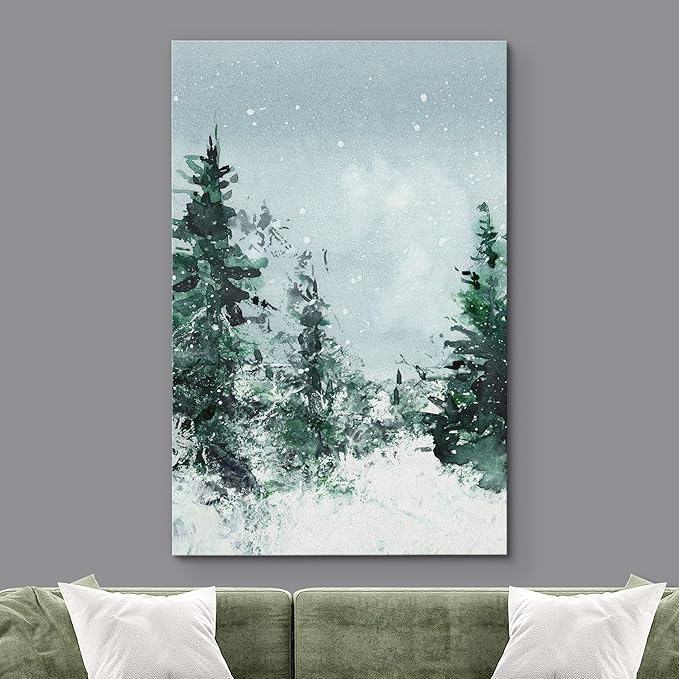 SIGNWIN Canvas Print Wall Art Woodland Nursery Decor Winter Snow Watercolor Pine Tree Forest Nature Illustrations Modern Art Landscape Colorful for Living Room, Bedroom, Office - 24"x36"