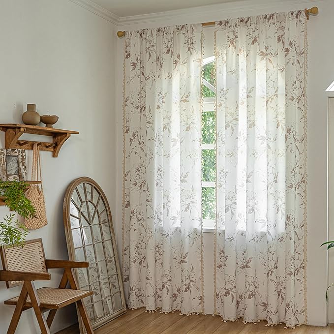 ENJOYBRIDAL Floral 63 Inch Curtains for Bedroom Cute Drapes Boho Semi Sheer Living Room Short Window Curtain Panels Retro Light Filtering Farmhouse Rod Pocket 2 Panels Window Treatments