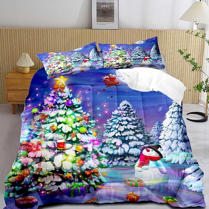 LUVIVIHOME 3PCS Christmas Comforter Set Full Size, Cute Snowman Santa Claus Kids Bedding, Winter Xmas Merry Christmas Bedroom Decor for Boys Girls Teens, Xmas Gifts, 2 Pillow Shams
