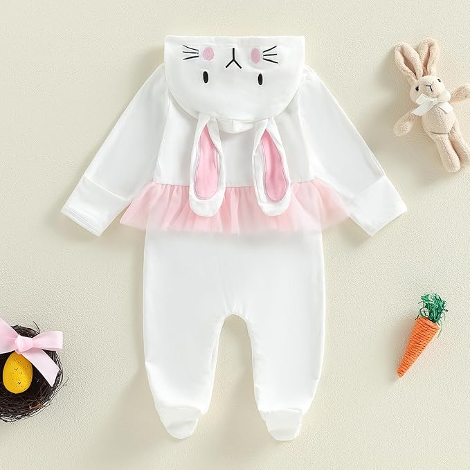 Twopumpkin My First Easter Outfit Baby Girl Newborn Bunny Onesie Ruffle Tulle Tutu Dress Romper Hooded Jumpsuit With Ear