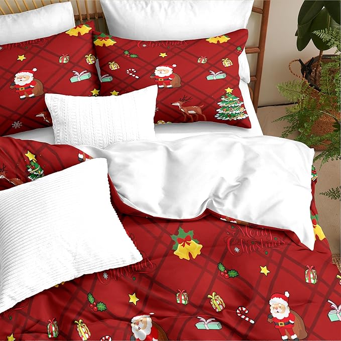 Christmas Duvet Cover Queen Size Red Gingham Christmas Bedding Set 3 Pcs Kids Boys Girls Xmas Grid Checked Cartoon Deer Pattern Comforter Cover with Zipper Closure (No Comforter)
