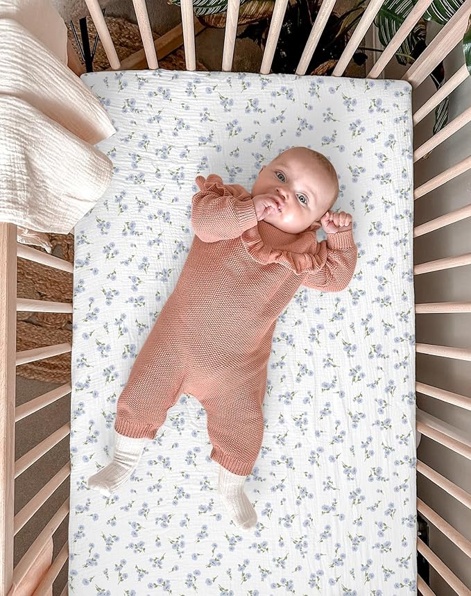 Pack and Play Sheets for Baby Boy and Girl 2 Pack, Neutral Muslin Cotton Pack N Play Mattresses Sheet 27"x39", Muslin Nursery Bedding Soft and Breathable Comfort (Bluebell Bloom & Light Blue)
