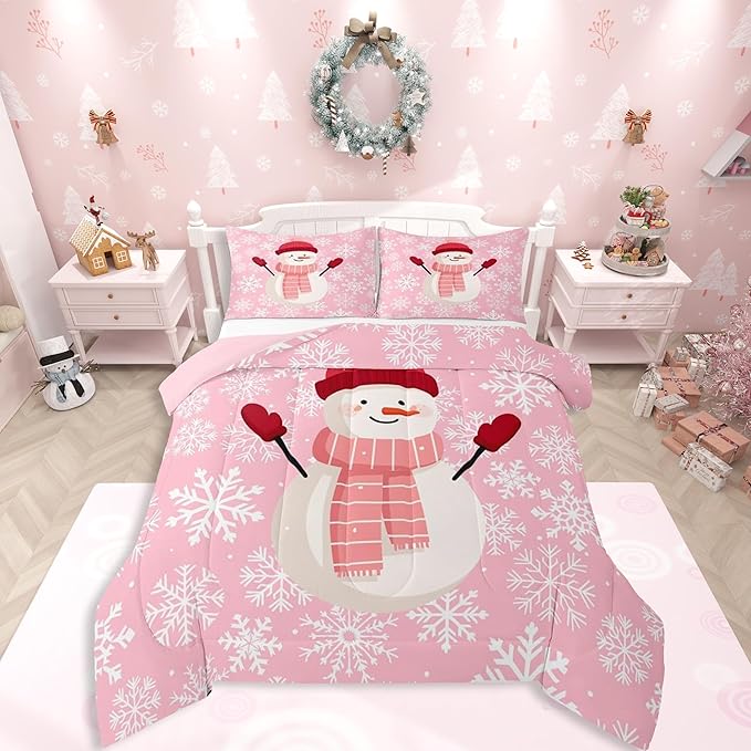 Feelyou Christmas Bedding Set Soft for Boys Girls, Snowman Pink Comforter Set Full Size Xmas Snowflakes Duvet Quilt Microfiber Winter Snow Bedroom Decor 3 Pcs with 2 Pillow Cases