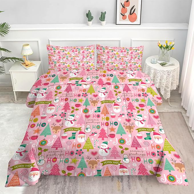 Comforter Set Pink Christmas: King Size Merry Xmas Snowman Bedding Sets Cute Santa Claus Green Christmas Tree Pine Elk Quilts New Year Decor Bed Set 1 Comforter & 2 Pillowcases