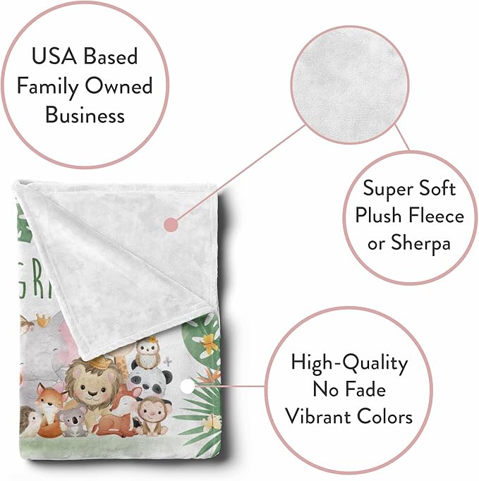 Personalized Baby Blankets with Name | Custom Animal Newborn Blanket for Baby Girl and Baby Boy | Unisex Warm Soft Fleece Swaddle Blanket Minky | (Group Animals, Fleece 50"x60")