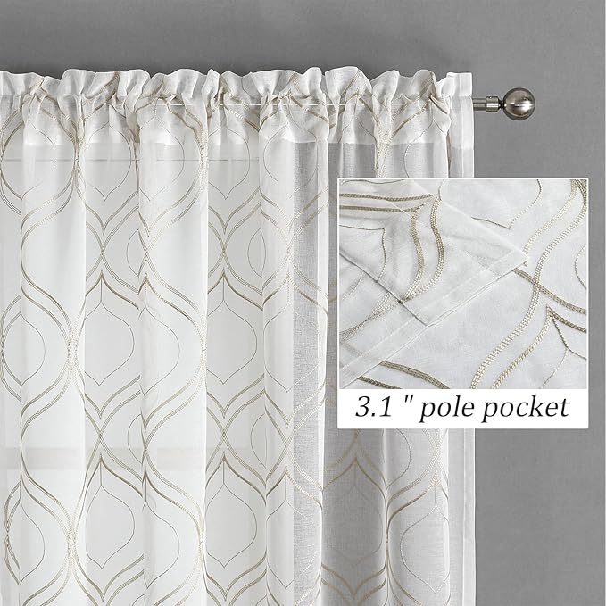 VISIONTEX White Sheer Curtains 84 Inches Long 2 Panels Set Brown Moroccan Embroidered Curtains Trellis French Textured Rod Pocket Voile Tulle Semi Window Drapes for Bedroom Living Room 54 x 84 Inches