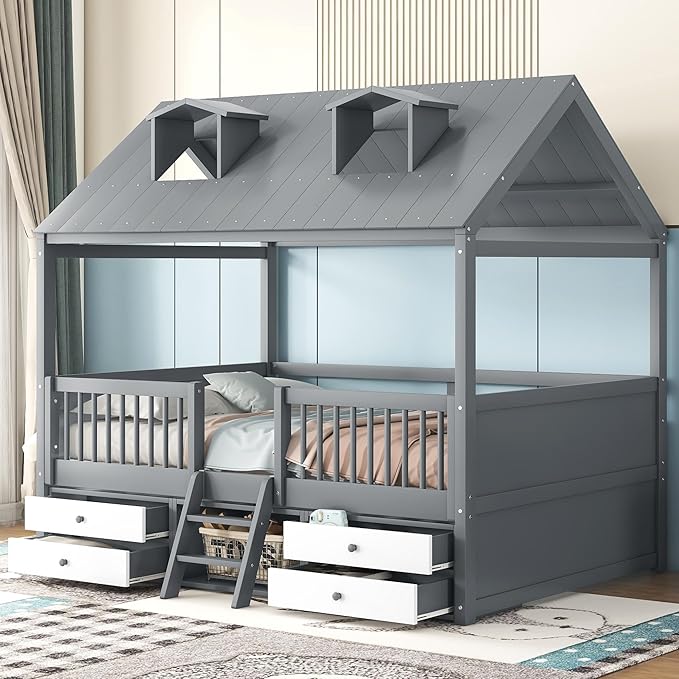 Merax Full Size Wood House Bed Frame with Full-Length Fence and 4 Storage Drawers, Kids Playhouse Tent Bed with Roof and 2-step Ladder for Children Boys Girls Teens Bedroom, No Box Spring Needed, Gray