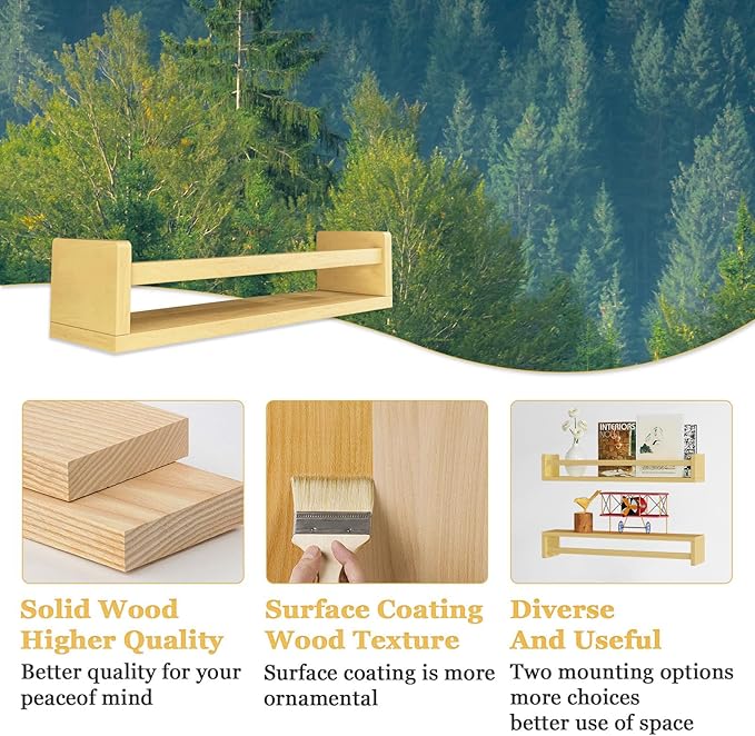 Floating Nursery Book Shelves for Wall, 15.7 Inch Nature Solid Wood Wall Mounted Bookshelf Set of 3, Hanging Bookshelves for Kids Room, Bedroom Nursery Decor and Book Storage (Wood)