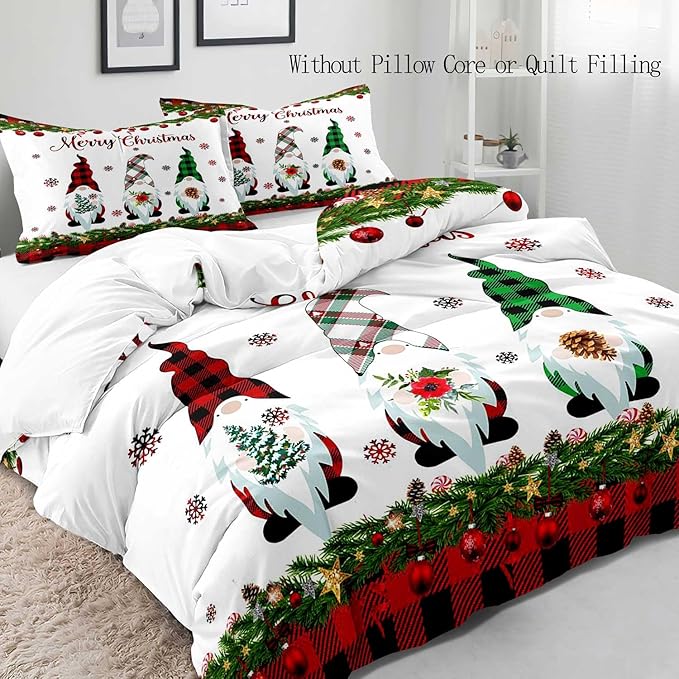 LUVIVIHOME 2PCS Christmas Gnome Duvet Cover Twin, Christmas Bedding, White Duvet Cover, Holiday New Year Santa Claus Snowflake Black Red Checkered Buffalo Plaid Comforter Quilt Cover, 1 Pillow Case