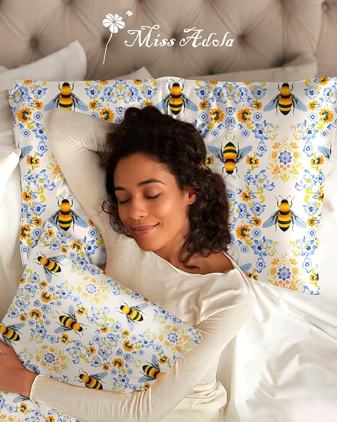 Silk Pillowcase 2 Pack - Pillow Cases 20" x 30" Queen Size Set of 2 for Hair and Skin Smooth Soft Breathable with Hidden Zipper Cooling Pillow Covers for Sleeping, Flower Bee