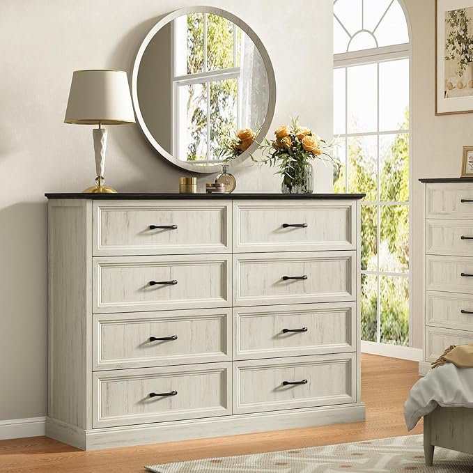 CARPETNAL Farmhouse Dresser and Nightstand Sets for Bedroom, 3 Pcs Bedroom Set, 8 Drawer Dresser & Nightstand Set of 2, Modern Wood Chest of Drawers for Bedroom, Living Room, Entryway, White