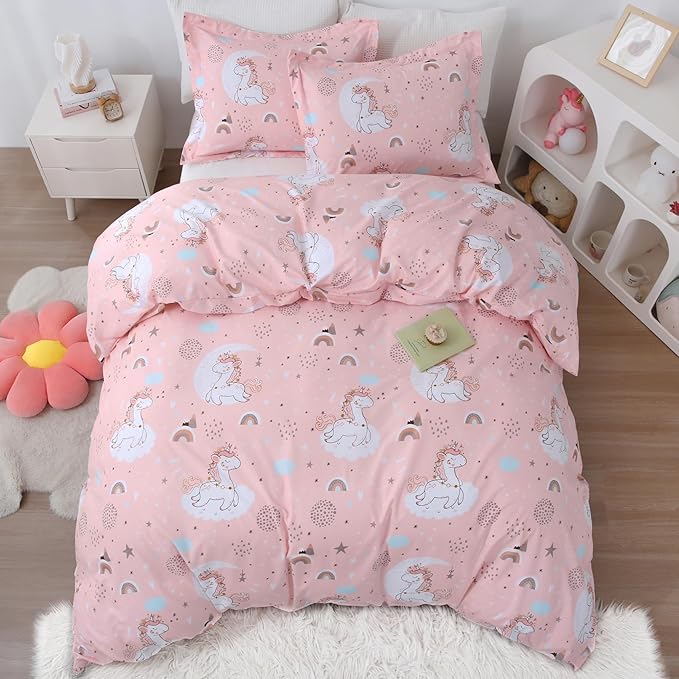 JSD Pink Unicorn Kids Duvet Cover Set Full Size, 3 Piece Girls Printed Microfiber Bedding Comforter Cover with Pillow Shams Zipper Closure, Comforter Not Included