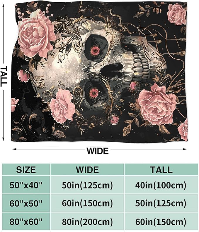 Tijuboni Skull Roses Throw Blanket Skull Gifts for Girls Boys Women Men Kids Adults Soft Flannel Fleece Blanket for Couch Sofa Bed Home Decor 50"x60"